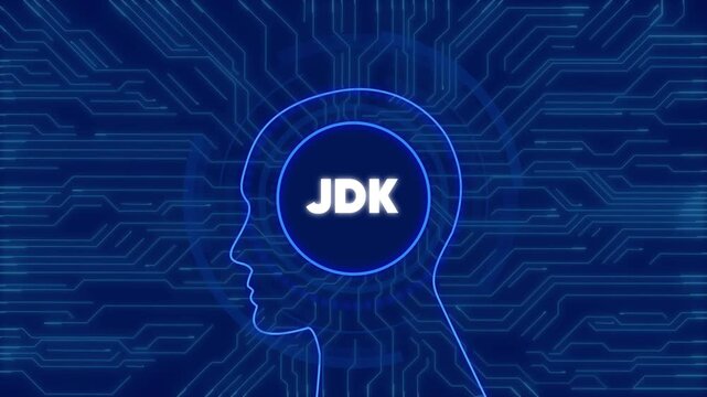 Jdk software development concept: digital human head with circuit board network background