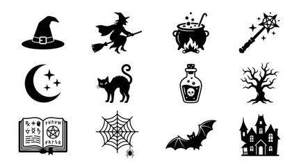 Fototapeta premium Set of black and white halloween icons featuring witches cats pumpkins and spooky haunted house elements for design