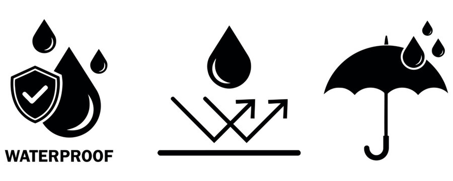 Set of waterproof and water repellent icons for product packaging and technical specifications.