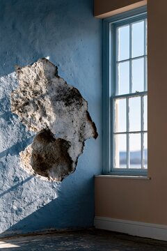 Blue wall with large eroded plaster hole beside sash window casting shadows for renovation background and architectural decay study