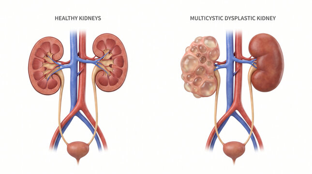 3D Anatomy Diagram of Healthy Kidneys and Multicystic Dysplastic Kidney
