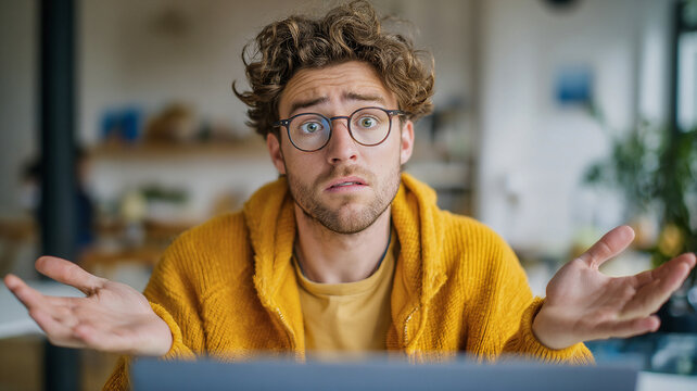 Confused young remote worker with round glasses and a textured yellow cardigan shrugging at a laptop in a modern home office with soft natural light