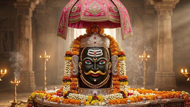 Traditional Mahakal Ujjain Shivling with Silver Temple Ornaments