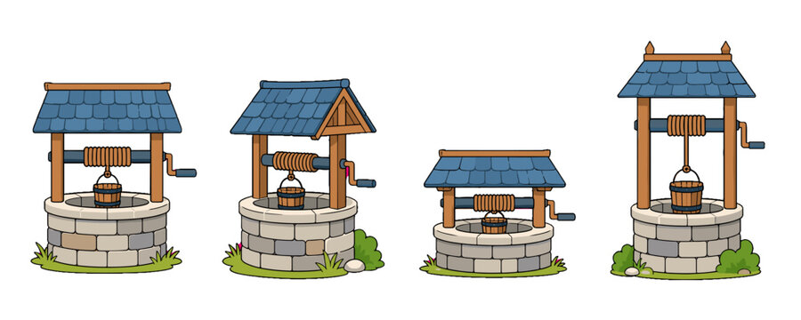 Set of four cartoon stone water wells with roof and bucket