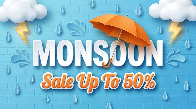 Monsoon sale banner with orange umbrella and rain clouds on blue brick wall