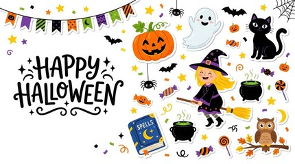 Naklejka premium Happy halloween greeting card design with cute cartoon witch pumpkin ghost black cat and festive party decorations