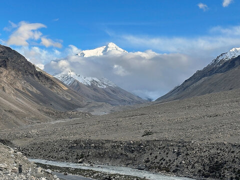Mount Everest among the clouds in the Mount Everest National Reserve, Qomolangma Nature Reserve,Tibet, China