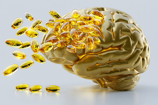 Omega 3 fish oil capsules improving brain health memory cognitive performance neuroscience nutrition and healthy aging concept with golden human brain