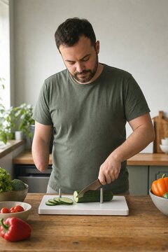 Man with one arm using adaptive cutting board to slice cucumber in a kitchen