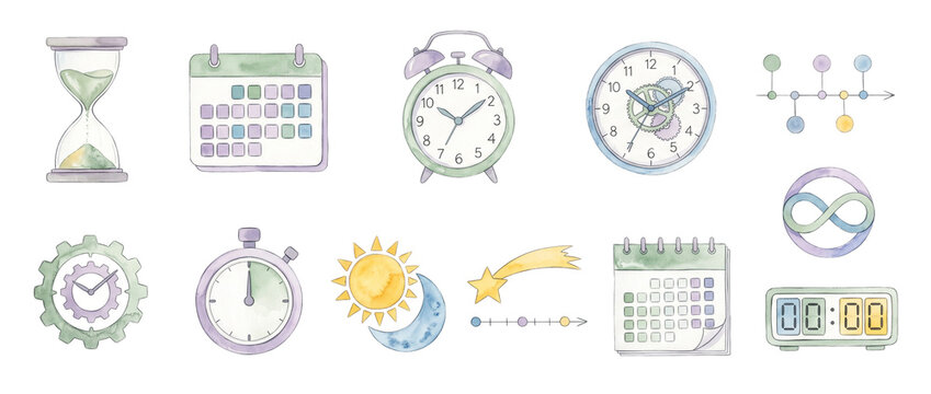 Time management icon set watercolor clocks calendars hourglass isolated on black background for productivity scheduling planning business deadline infinity day night timer digital clock illustrations