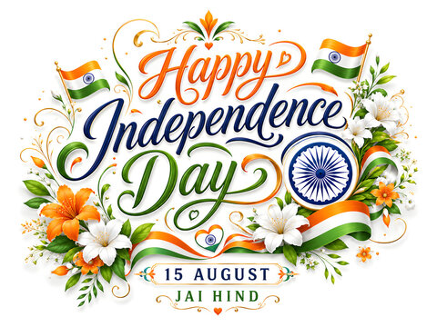 Indian independence day celebratory design with flowers flags and decorative calligraphy.