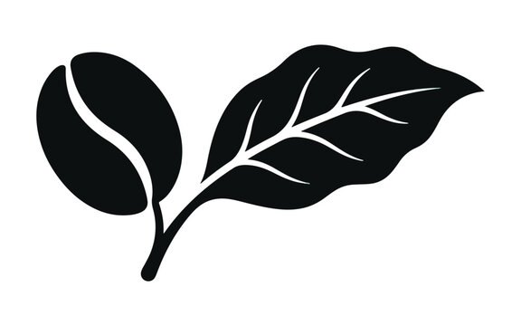 Minimalist black silhouette icon of a single roasted coffee bean attached to a green coffee plant leaf