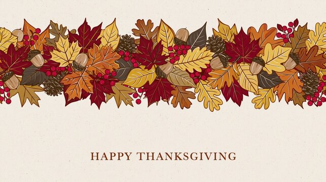 Rustic Happy Thanksgiving Card Featuring Hand Drawn Autumn Foliage Border with Acorns Pinecones and Berries on Textured Vintage Paper Background