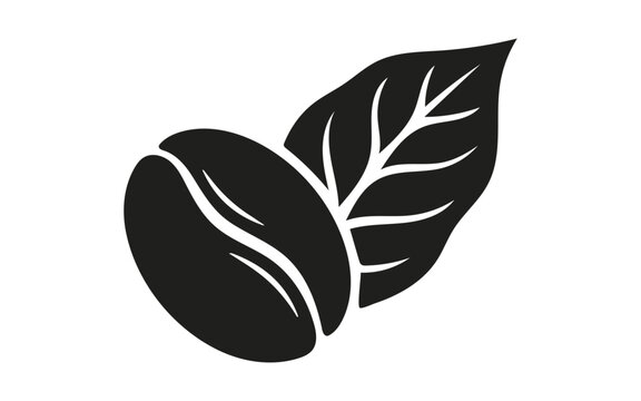 Minimalist black coffee bean icon with a leaf isolated  for cafe branding