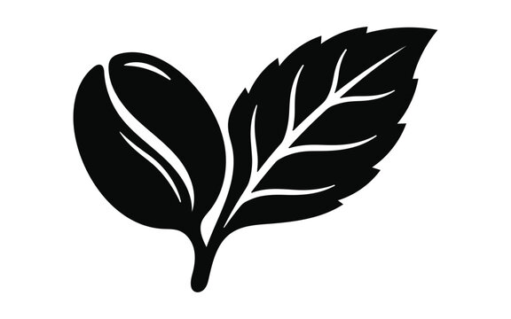 Minimalist black silhouette icon of a coffee bean paired with a fresh green coffee plant leaf