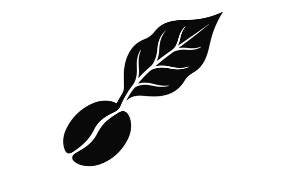 Minimalist black silhouette icon of a single coffee bean with a fresh green leaf attached