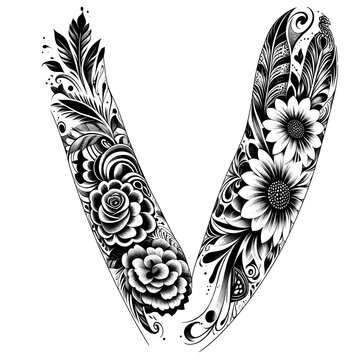 Ornamental Floral Letter V Tattoo Design &ndash; Elegant Blackwork Botanical Monogram Illustration