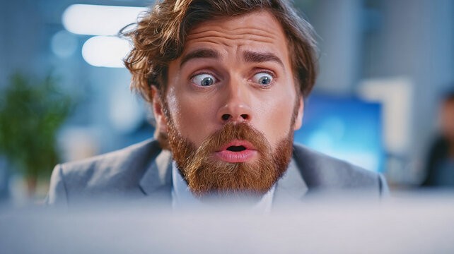 Shocked bearded businessman in a gray fabric blazer staring at unexpected information on a computer screen in a modern office with cool ambient lighting