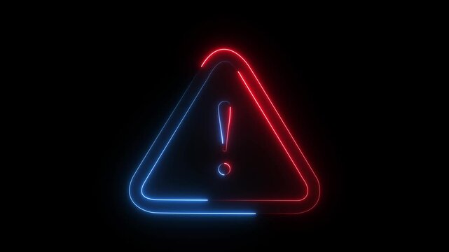 Neon warning attention icon animation glowing neon red color danger risk alert neon error stop signal problem sign symbol with black background 4k video.