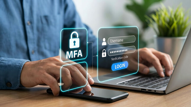 Man using MFA multi factor authentication login concept on laptop screen