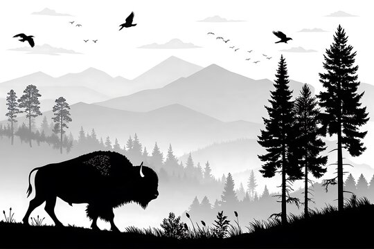 Bison walking in a forest landscape with flying birds