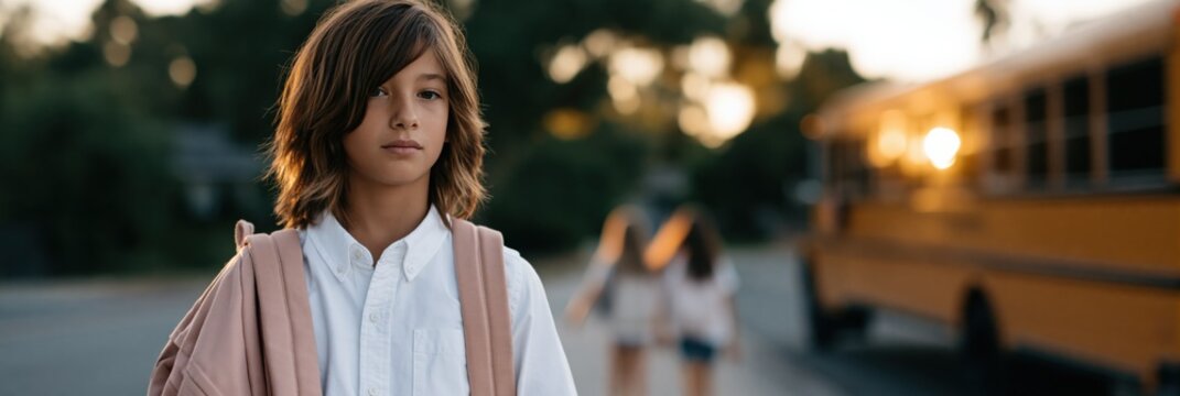 School child standing at bus stop with backpack at golden hour for back to school banner and background design