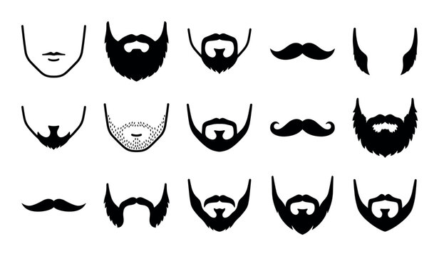 Facial hair and beard vector icons with mustache, goatee and sideburns for mobile app design in solid glyph style