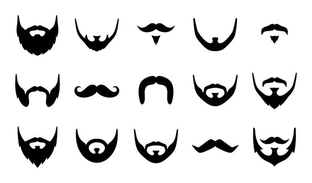 Facial hair and mustache vector icons with beard, mustache and sideburns for branding design in silhouette style