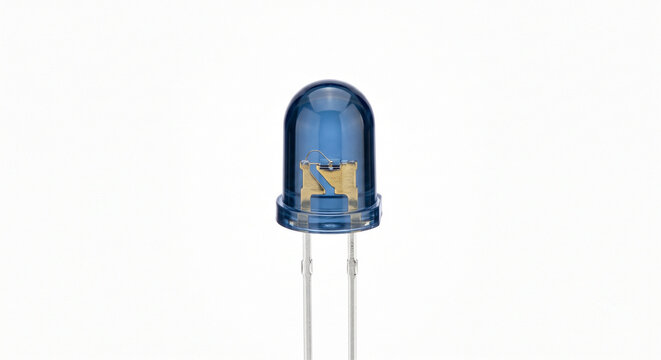 Extreme macro of an infrared emitter diode with a transparent blue-tinted epoxy resin dome, isolated on white.