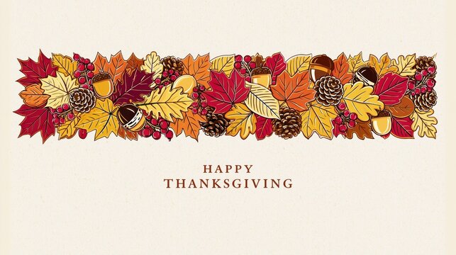 Rustic Happy Thanksgiving Card Featuring Hand Drawn Autumn Foliage Border with Acorns Pinecones and Berries on Textured Vintage Paper Background
