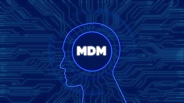 Mdm mobile device management concept: digital human head silhouette with circuitry
