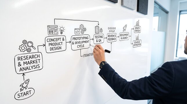 Over the shoulder view of businessman drawing product development lifecycle flowchart on whiteboard, depicting project management, agile workflow strategy, and corporate planning.