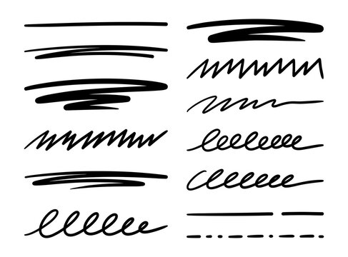 Set of hand drawn underline strokes, marker brush lines, scribble elements, and decorative dividers isolated on transparent background