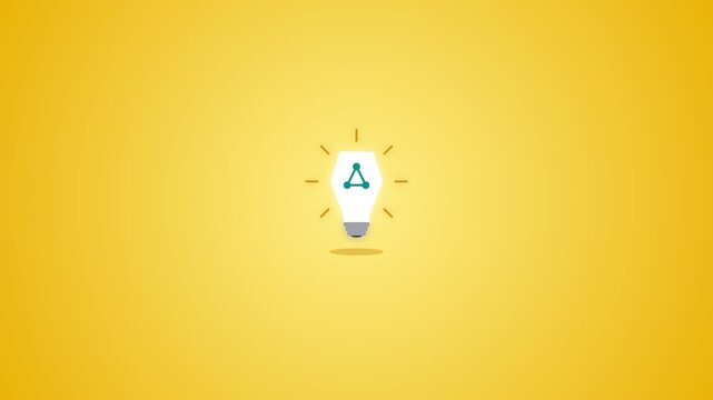 Minimalist Animated Light Bulb Icon with Geometric Triangle Logo on Yellow Background.