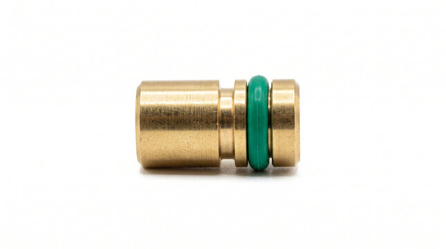Detailed macro of a brass oxygen cylinder yoke valve index pin with a green O-ring, isolated on a white background.