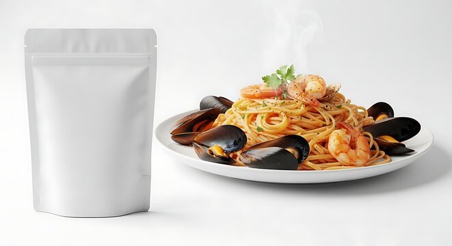 Blank Food Packaging Mockup with Seafood Spaghetti and Mussels