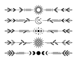 Set of mystical celestial dividers with sun, moon, stars and phases, boho style line art elements isolated on transparent background © MST
