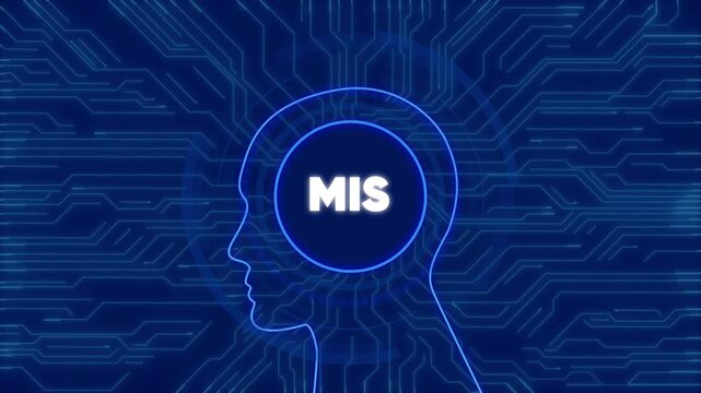 Mis management information systems concept with digital human head and circuit board tech