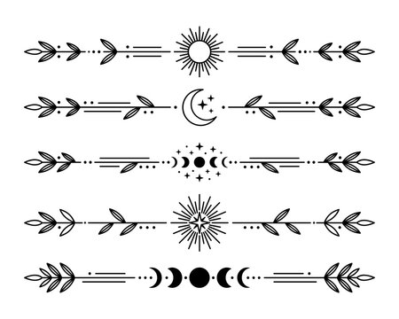 Set of mystical celestial dividers with sun, moon, stars and phases, boho style line art elements isolated on transparent background