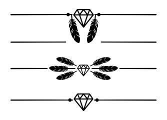 Set of diamond and feather text dividers isolated on transparent background © MST