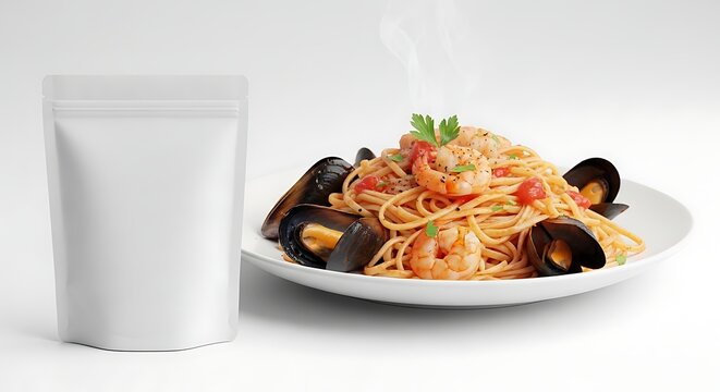 Blank Food Packaging Mockup with Seafood Pasta and Tomato Sauce