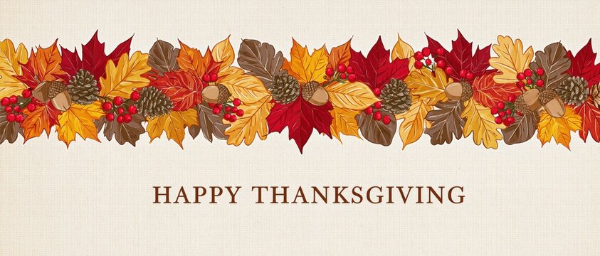 Rustic Happy Thanksgiving Card Featuring Hand Drawn Autumn Foliage Border with Acorns Pinecones and Berries on Textured Vintage Paper Background