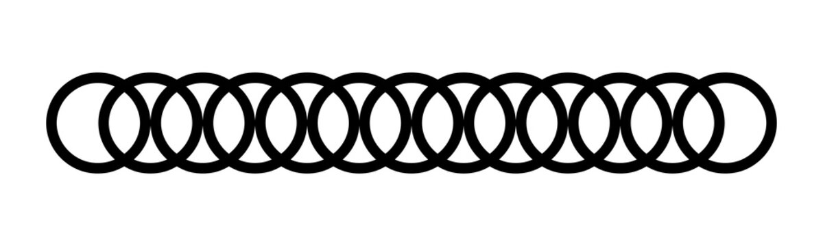 Horizontal divider made of a repeating chain of interlocking circles isolated on transparent background