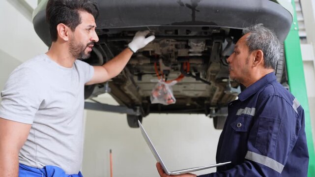 Team of mechanics working together on vehicle repairs using a laptop in a busy auto shop setting
