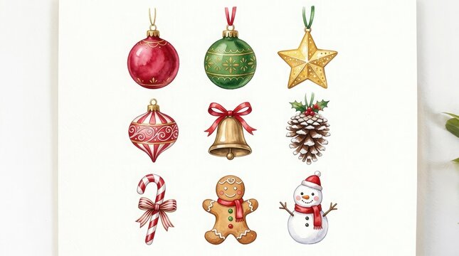 Set of watercolor christmas tree decorations including ornaments stars bells gingerbread man and a cute snowman illustration