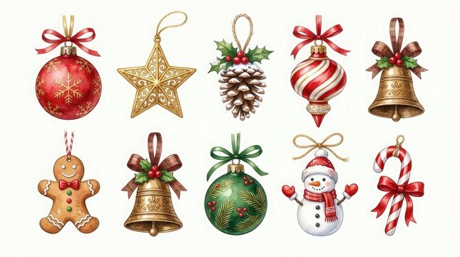 Set of festive watercolor christmas tree ornaments including baubles bells gingerbread man snowman and decorative holiday elements