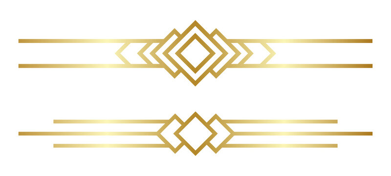 Set of gold art deco dividers, geometric decorative borders with rhombus elements for luxury invitation or wedding card design isolated on transparent background
