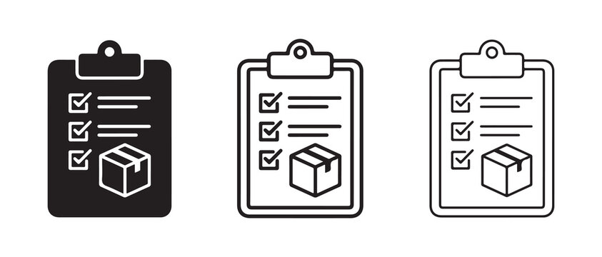 clipboard icons showing checklist with delivery box items marked for order fulfillment and shipping process