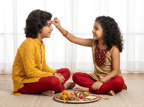 Indian siblings celebrating raksha bandhan festival with sweets and rituals