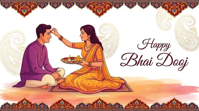 Happy bhai dooj greeting card with sister applying tilak to brother